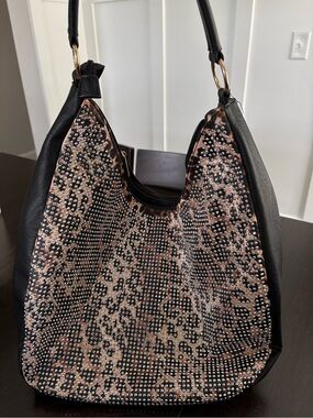 Y2K Style Rhinestone Studded Leopard Hobo Bag Black Faux Leather med-lg size